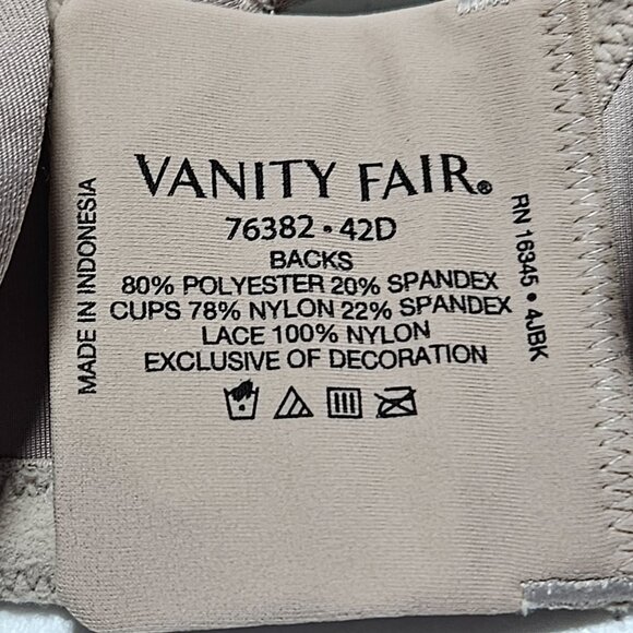 Vanity Fair Full Figure Underwire Padded Push Up Bra 76382 Size 42D Beige Lace - Picture 5 of 5